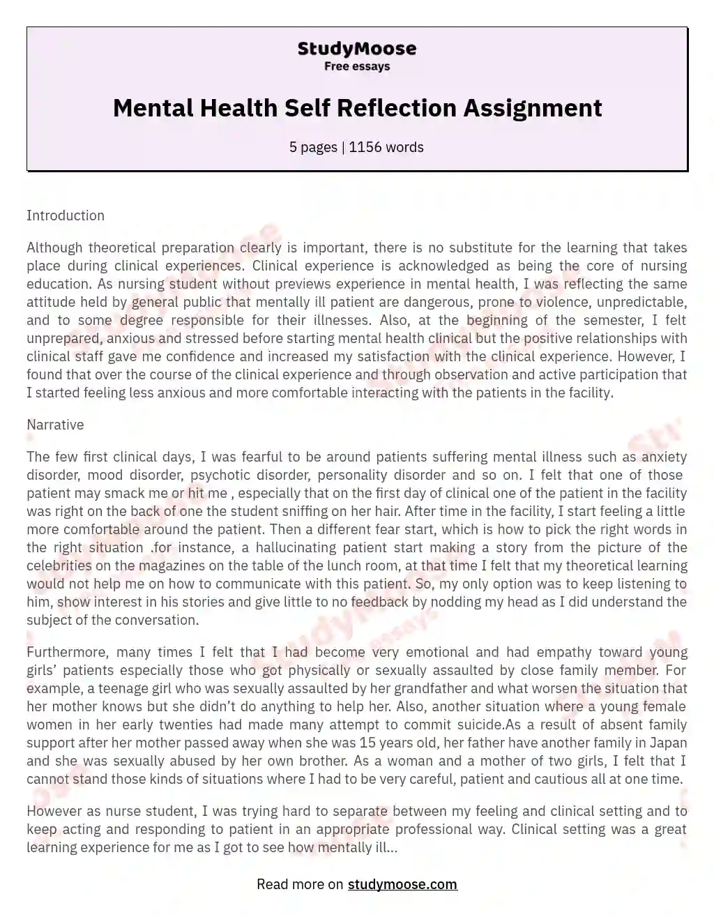 Mental Health Self Reflection Assignment essay