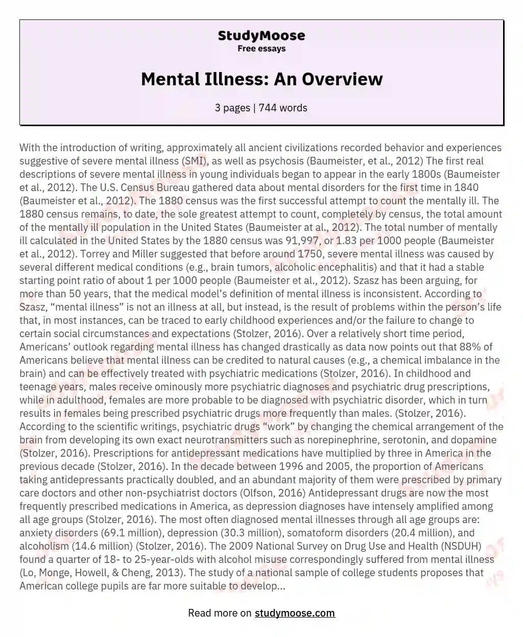 Mental Illness: An Overview essay