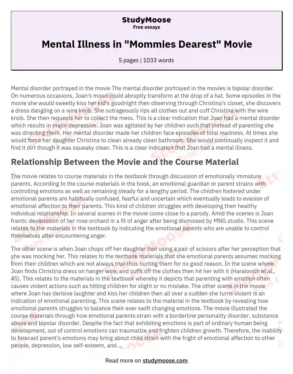 Mental Illness in "Mommies Dearest" Movie essay