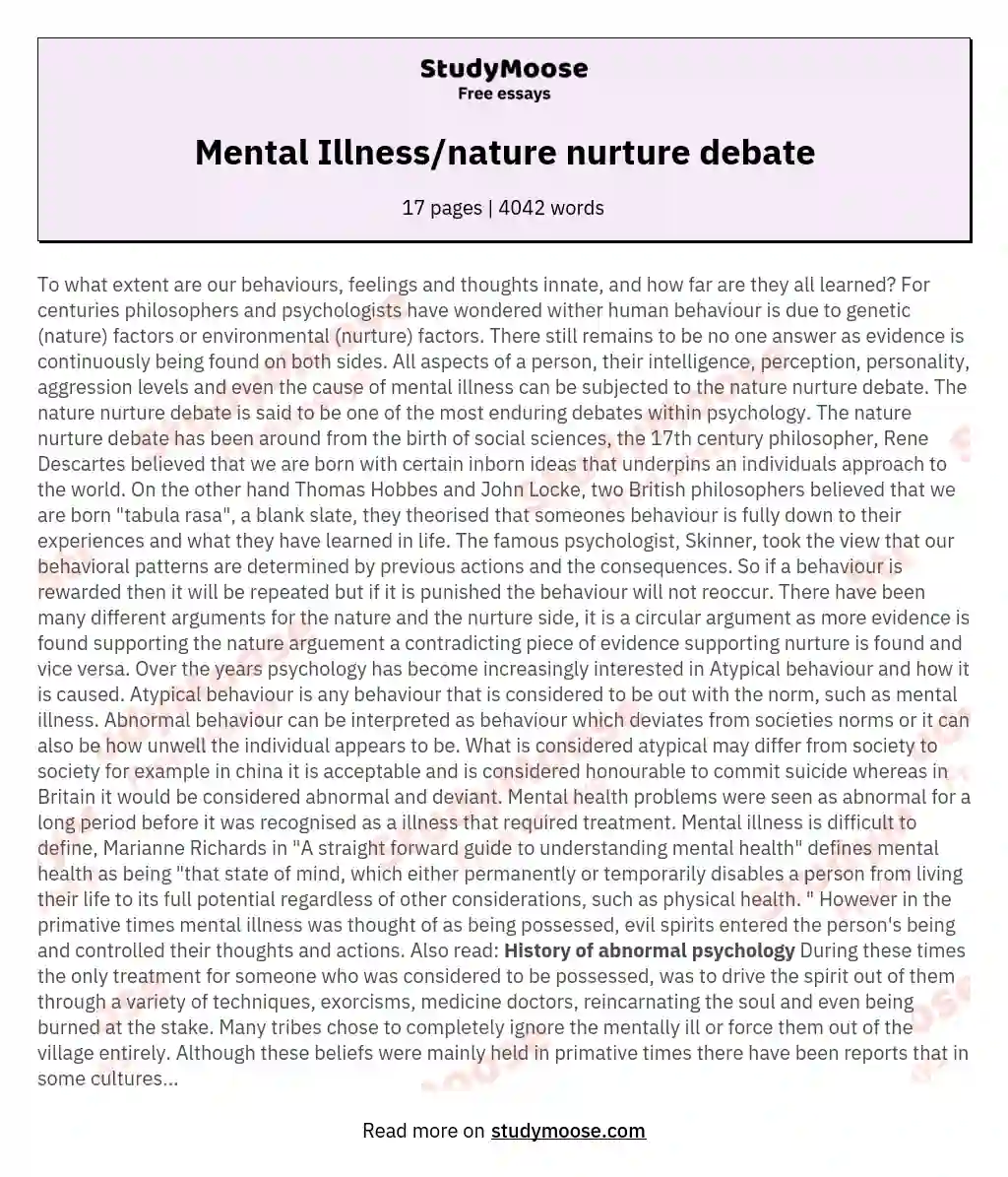 Mental Illness/nature nurture debate