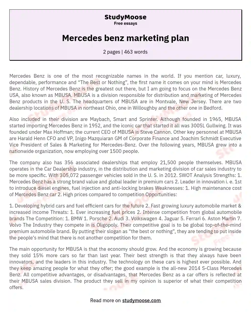 Mercedes Benz USA: Driving Excellence in the Luxury Automotive Market essay