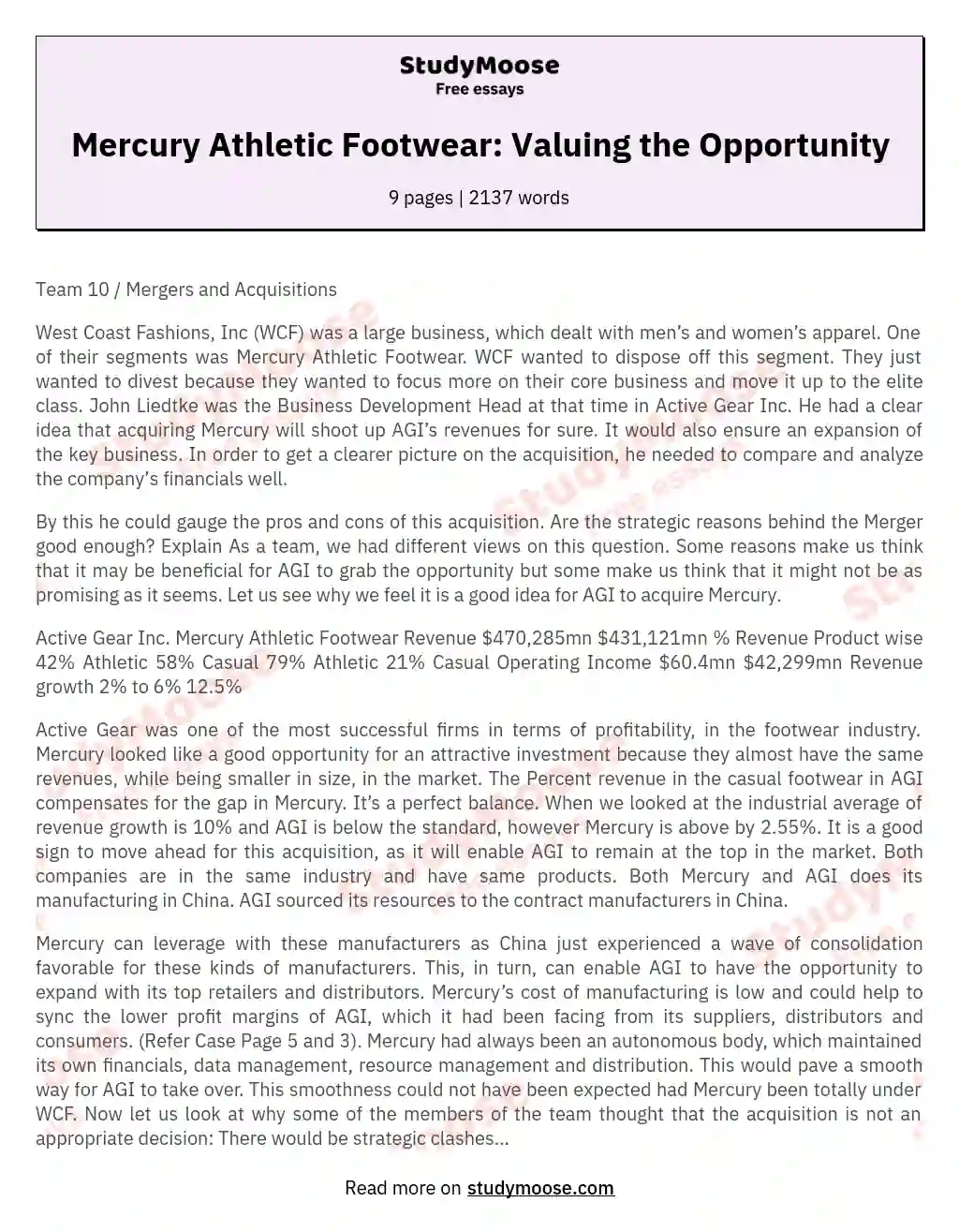 Mercury Athletic Footwear: Valuing the Opportunity