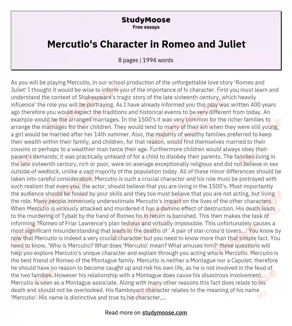 Mercutio's Character in Romeo and Juliet essay