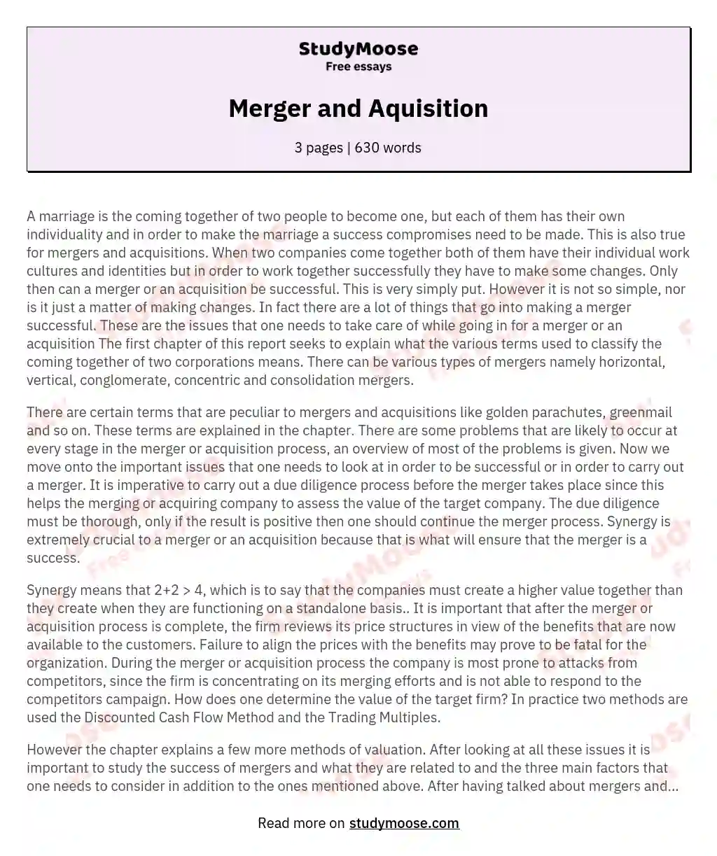 Merger and Aquisition essay