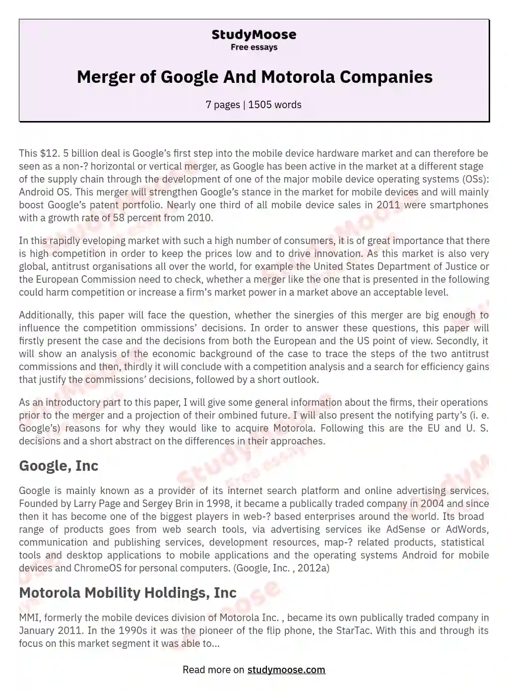 Merger of Google And Motorola Companies essay