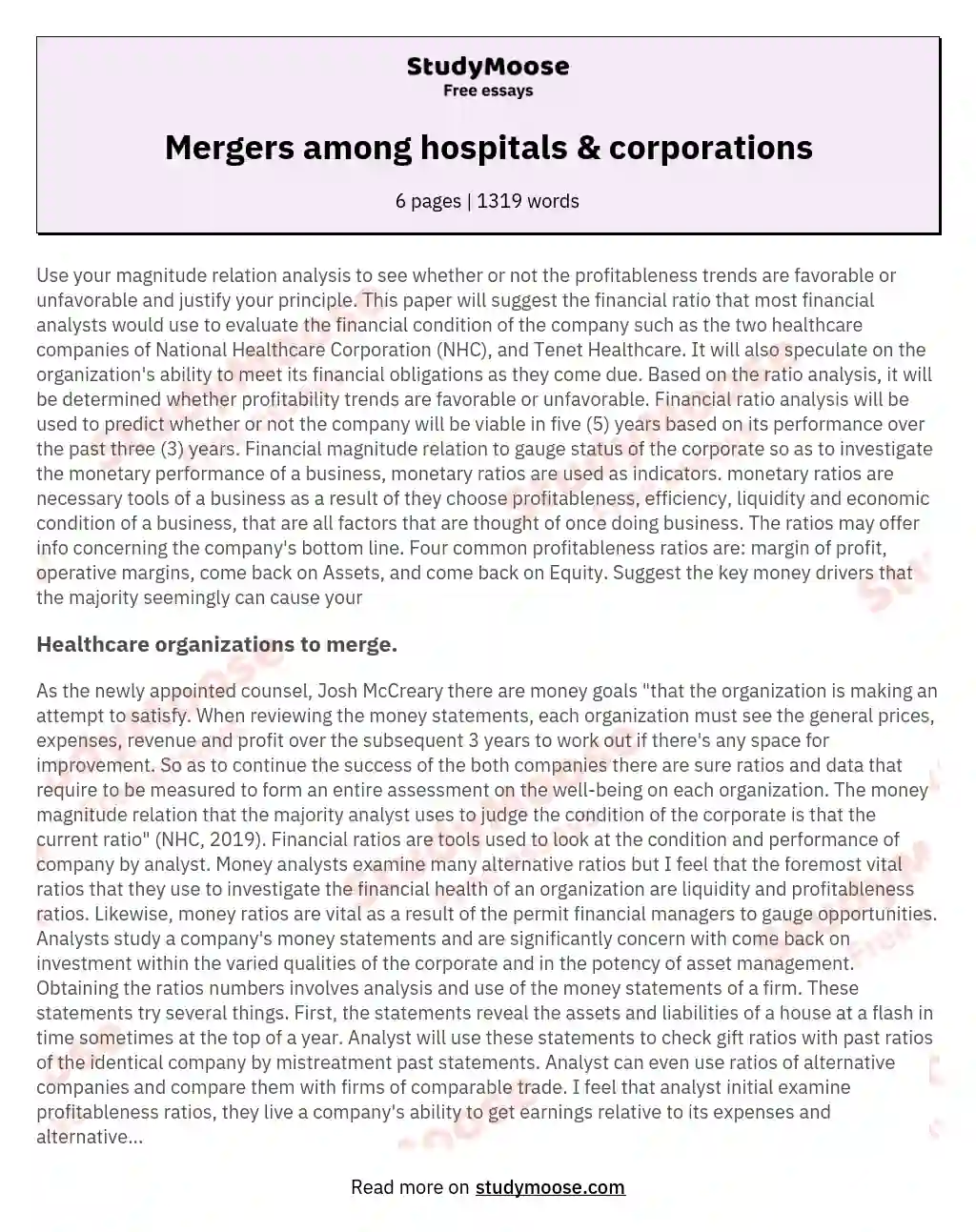 Mergers among hospitals & corporations essay