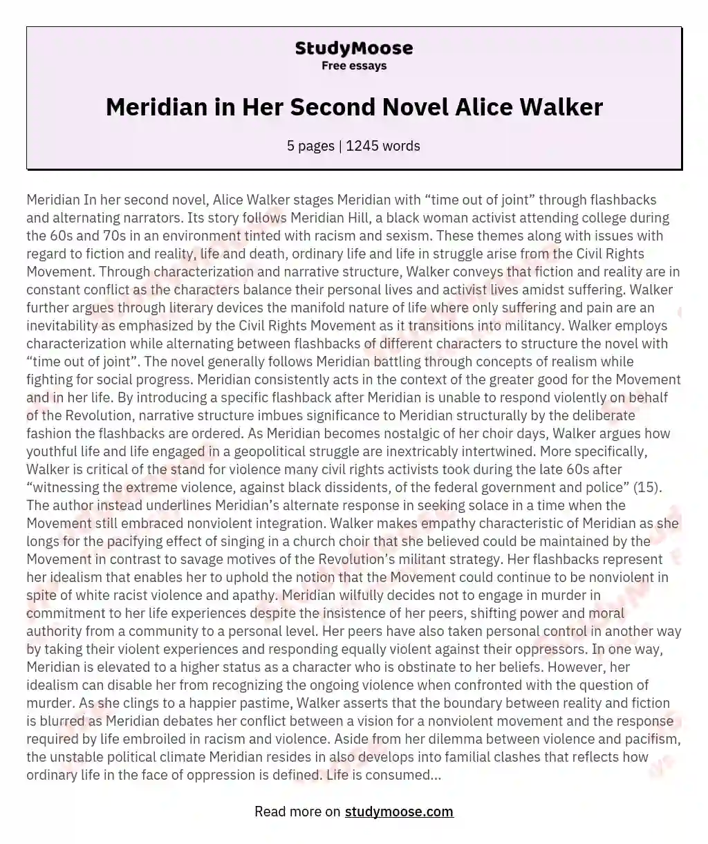 Meridian in Her Second Novel Alice Walker essay
