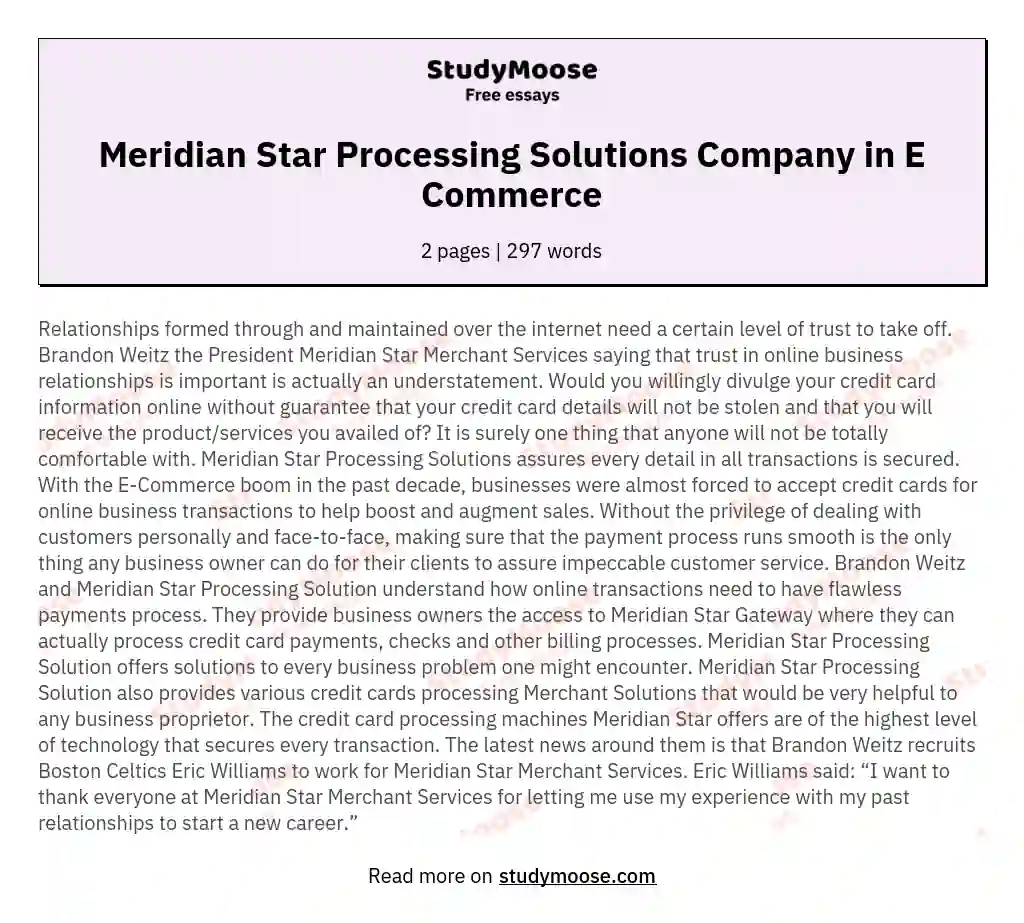 Meridian Star Processing Solutions Company in E Commerce essay