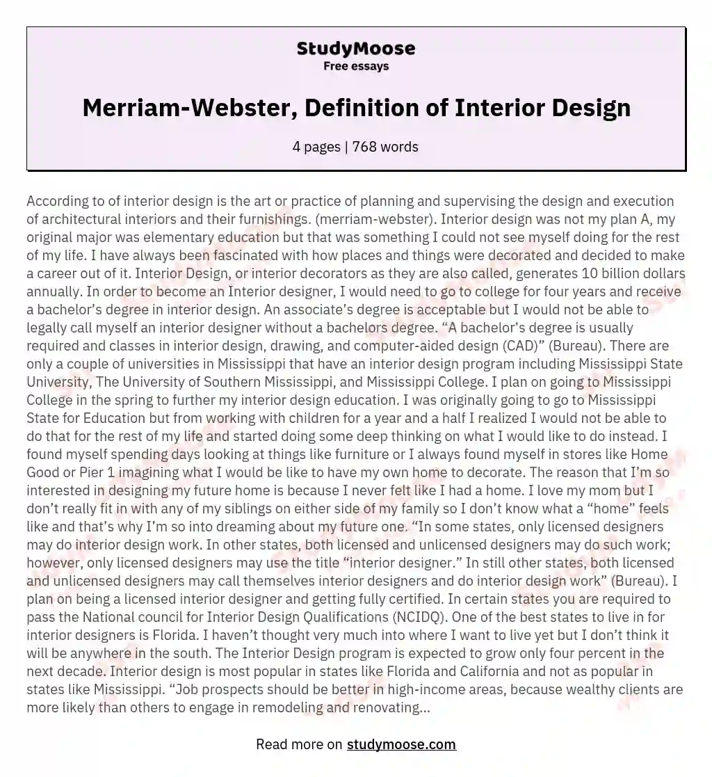 Merriam-Webster, Definition of Interior Design essay