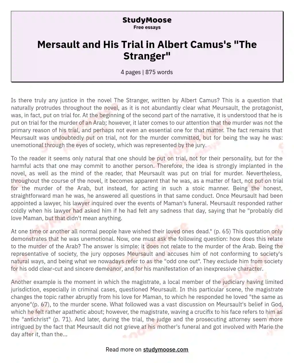 Mersault and His Trial in Albert Camus's "The Stranger" essay