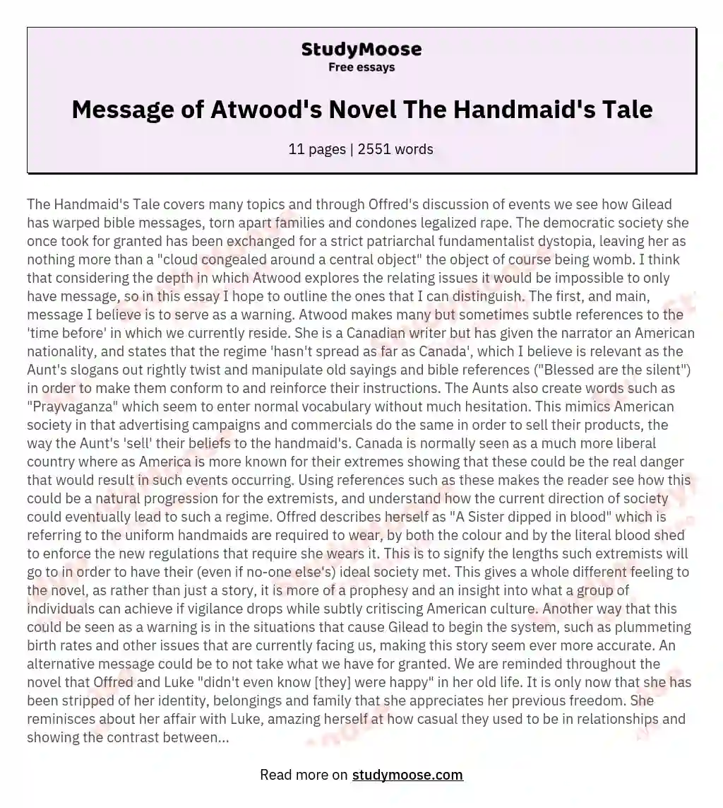 Message of Atwood's Novel The Handmaid's Tale