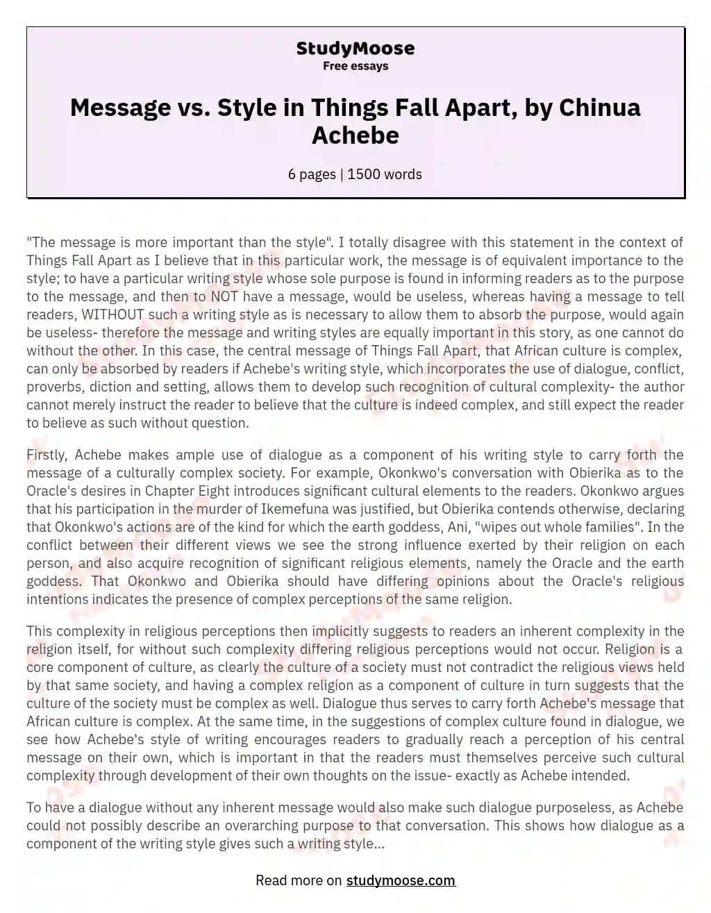 Message vs. Style in Things Fall Apart, by Chinua Achebe essay