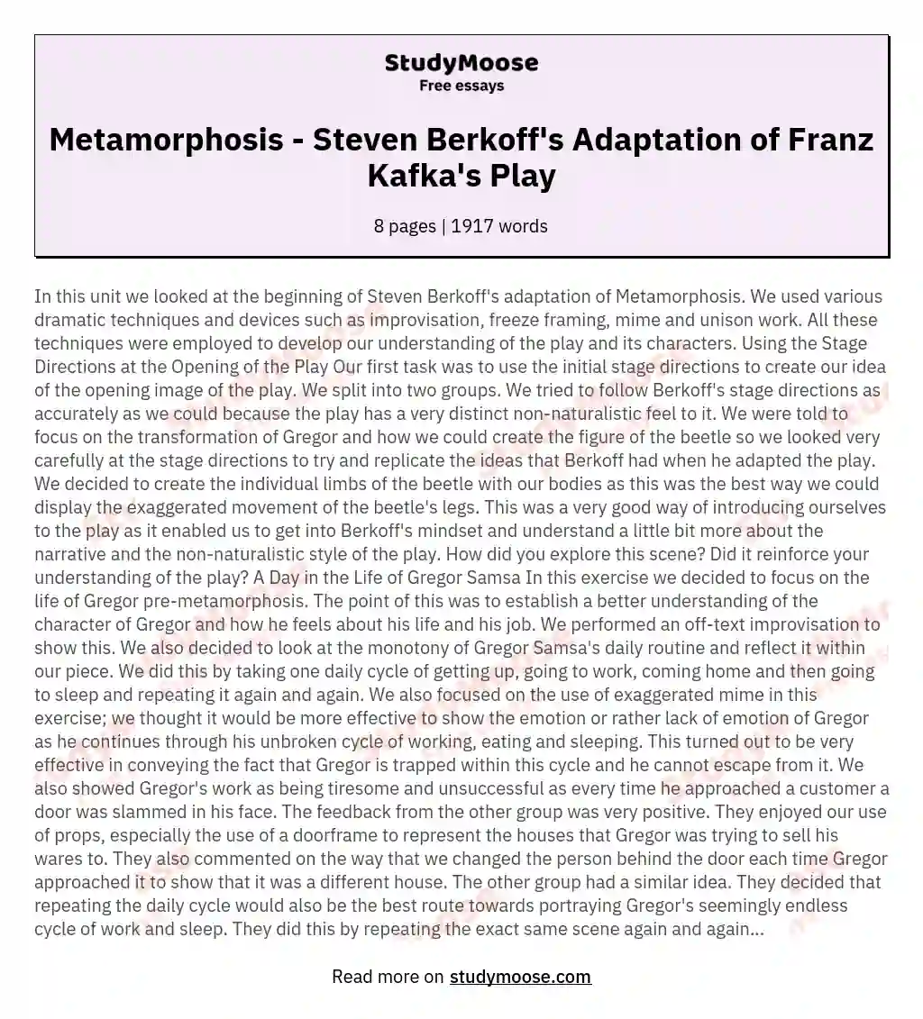 Metamorphosis - Steven Berkoff's Adaptation of Franz Kafka's Play