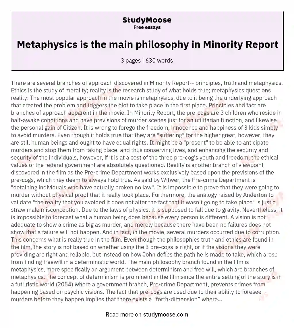 Metaphysics is the main philosophy in Minority Report essay