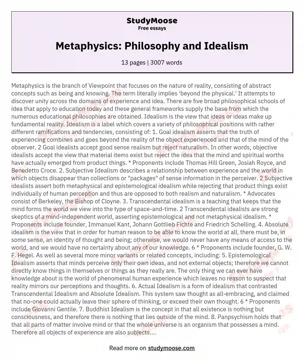 Metaphysics: Philosophy and Idealism essay