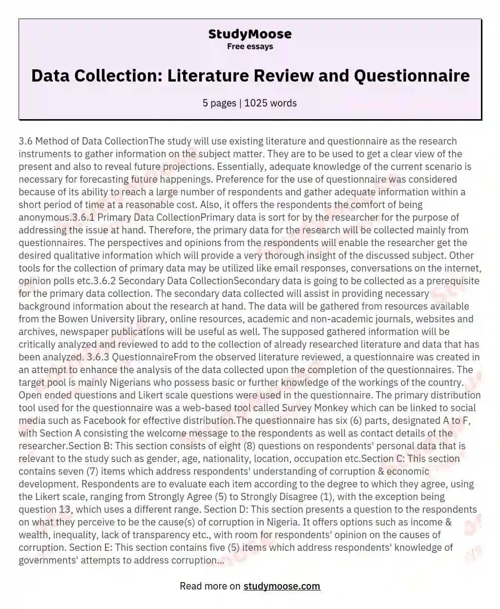 Data Collection: Literature Review and Questionnaire essay