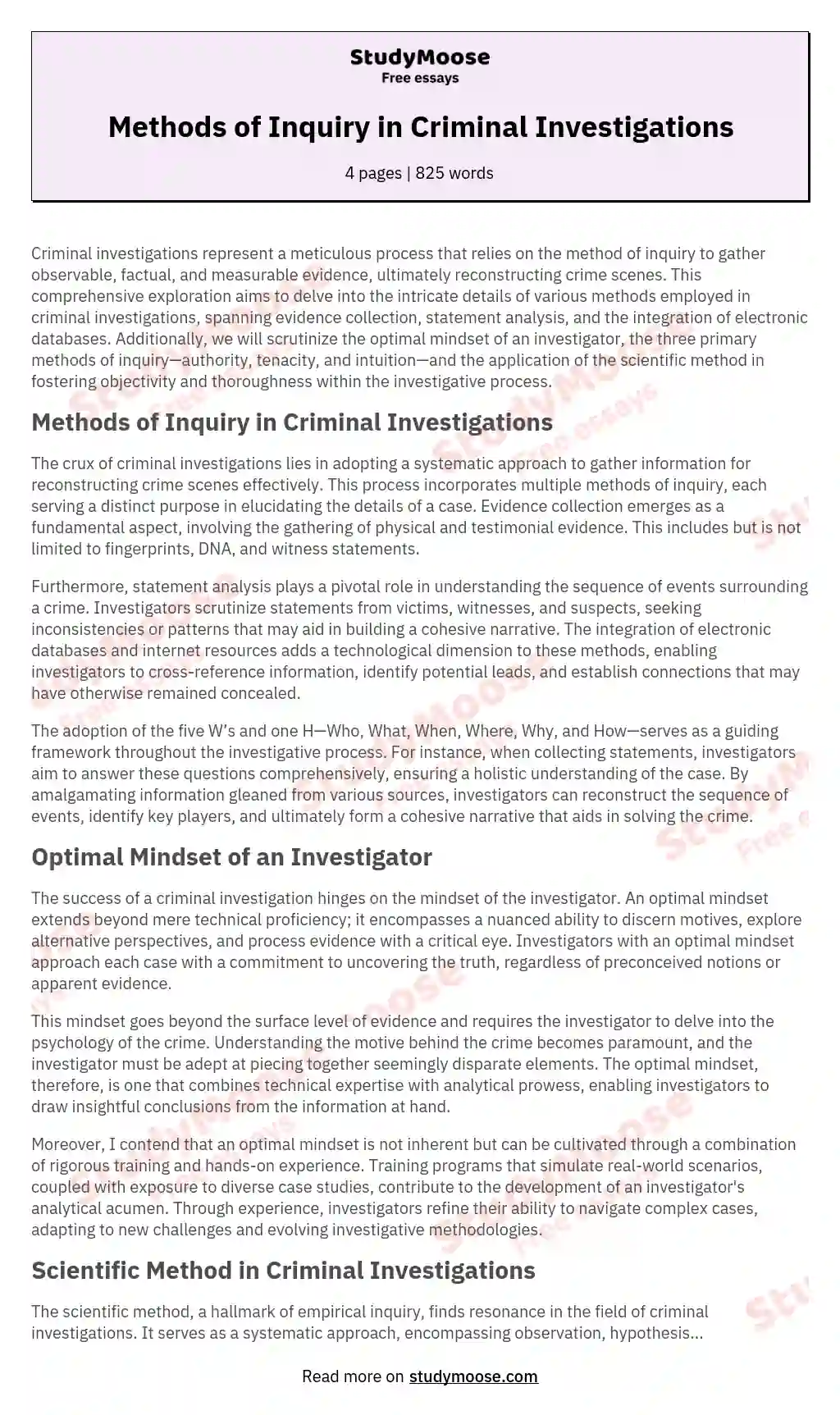 Methods of Inquiry in Criminal Investigations essay