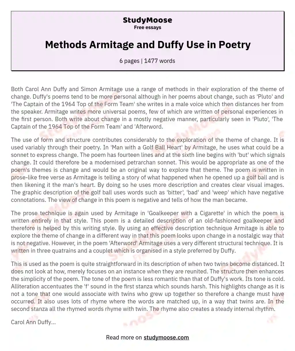 Methods Armitage and Duffy Use in Poetry essay