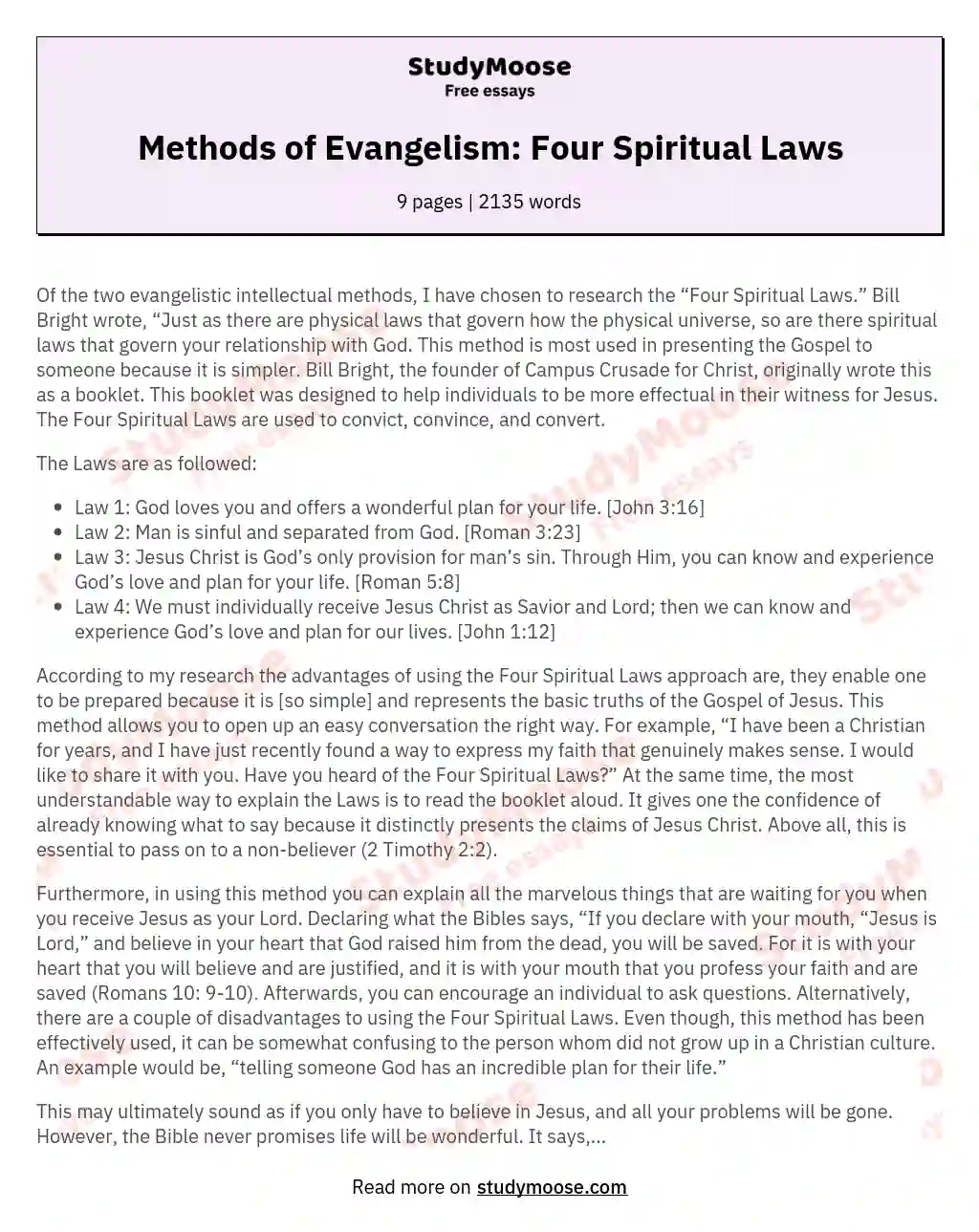 Methods of Evangelism: Four Spiritual Laws essay