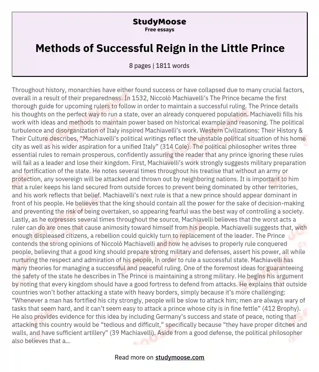 Methods of Successful Reign in the Little Prince essay