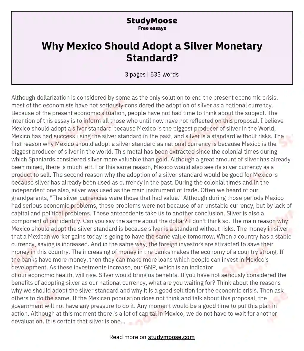 Why Mexico Should Adopt a Silver Monetary Standard? essay