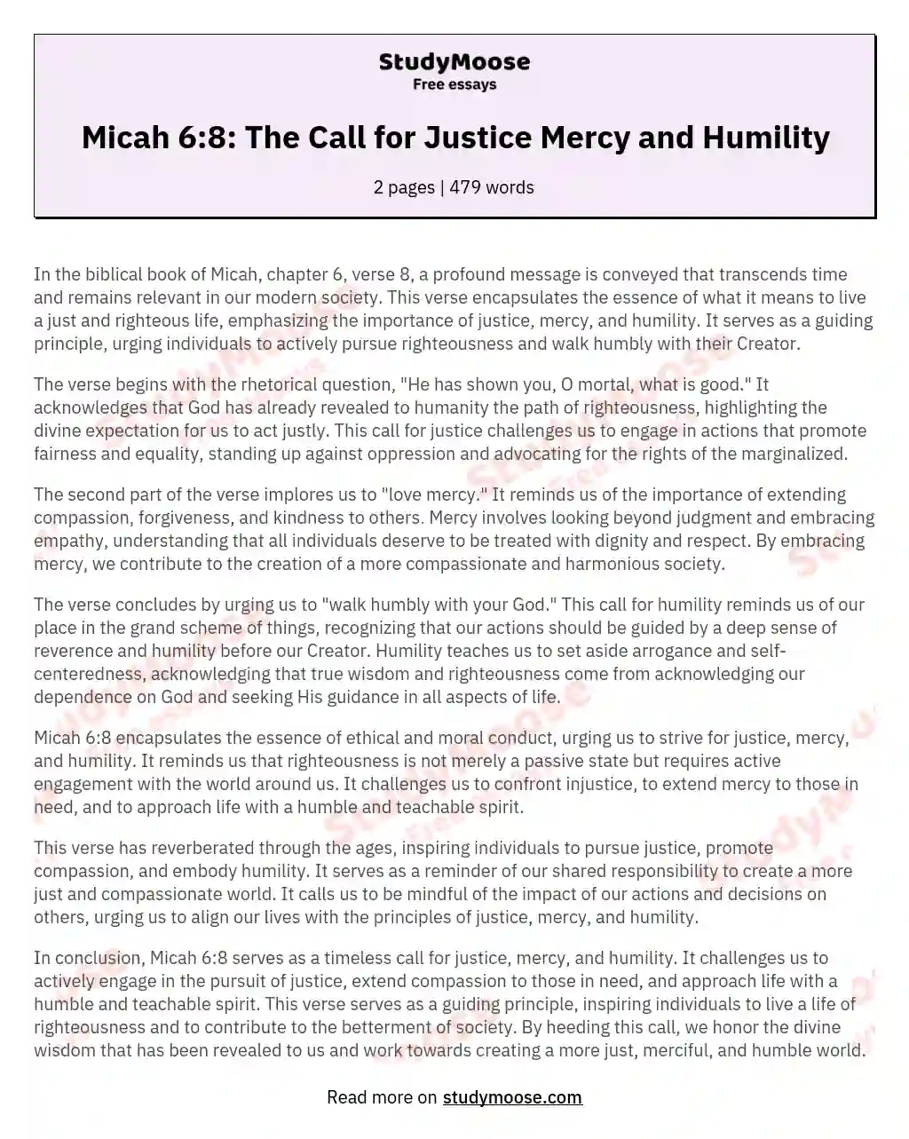 Micah 6:8: The Call for Justice Mercy and Humility essay