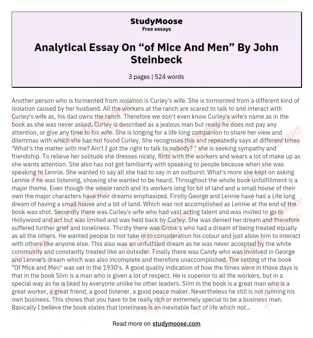 Analytical Essay On “of Mice And Men” By John Steinbeck