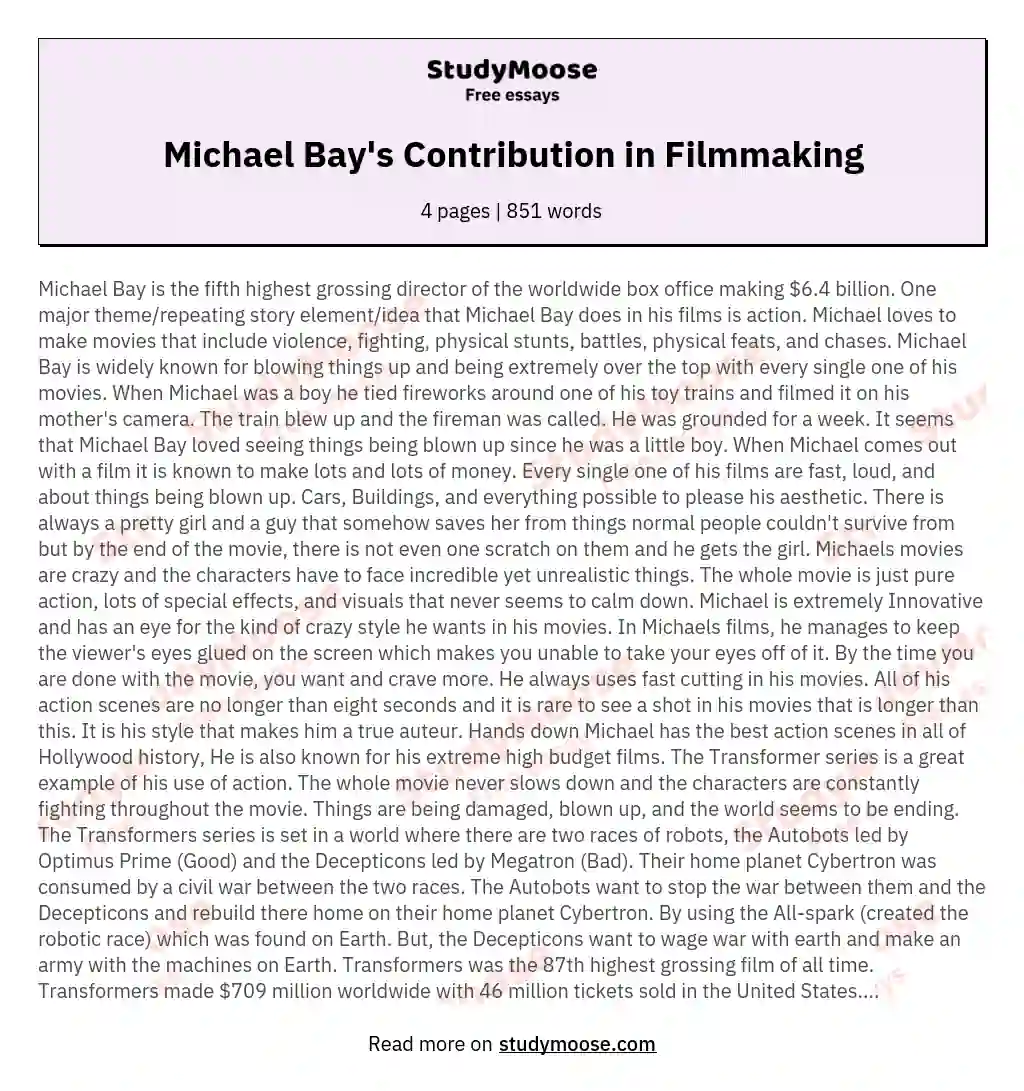 Michael Bay's Contribution in Filmmaking essay