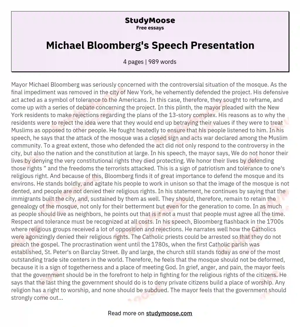 Michael Bloomberg's Speech Presentation essay