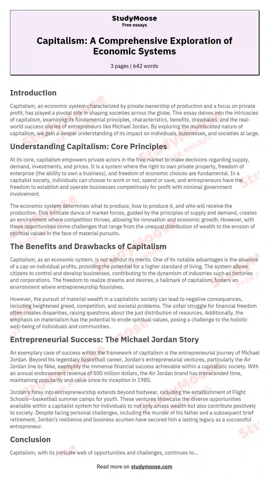 Capitalism: A Comprehensive Exploration of Economic Systems essay