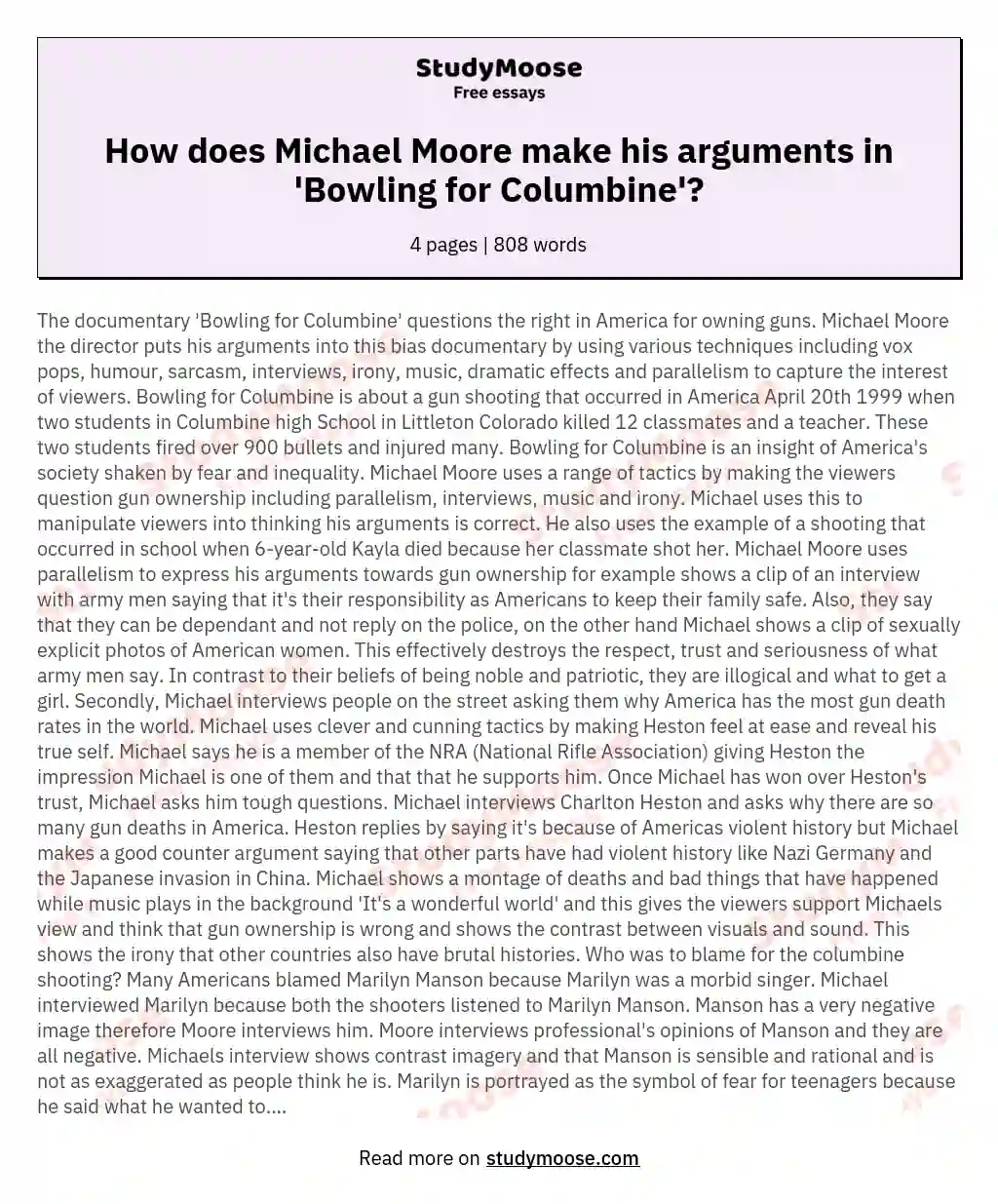 How does Michael Moore make his arguments in 'Bowling for Columbine'? essay