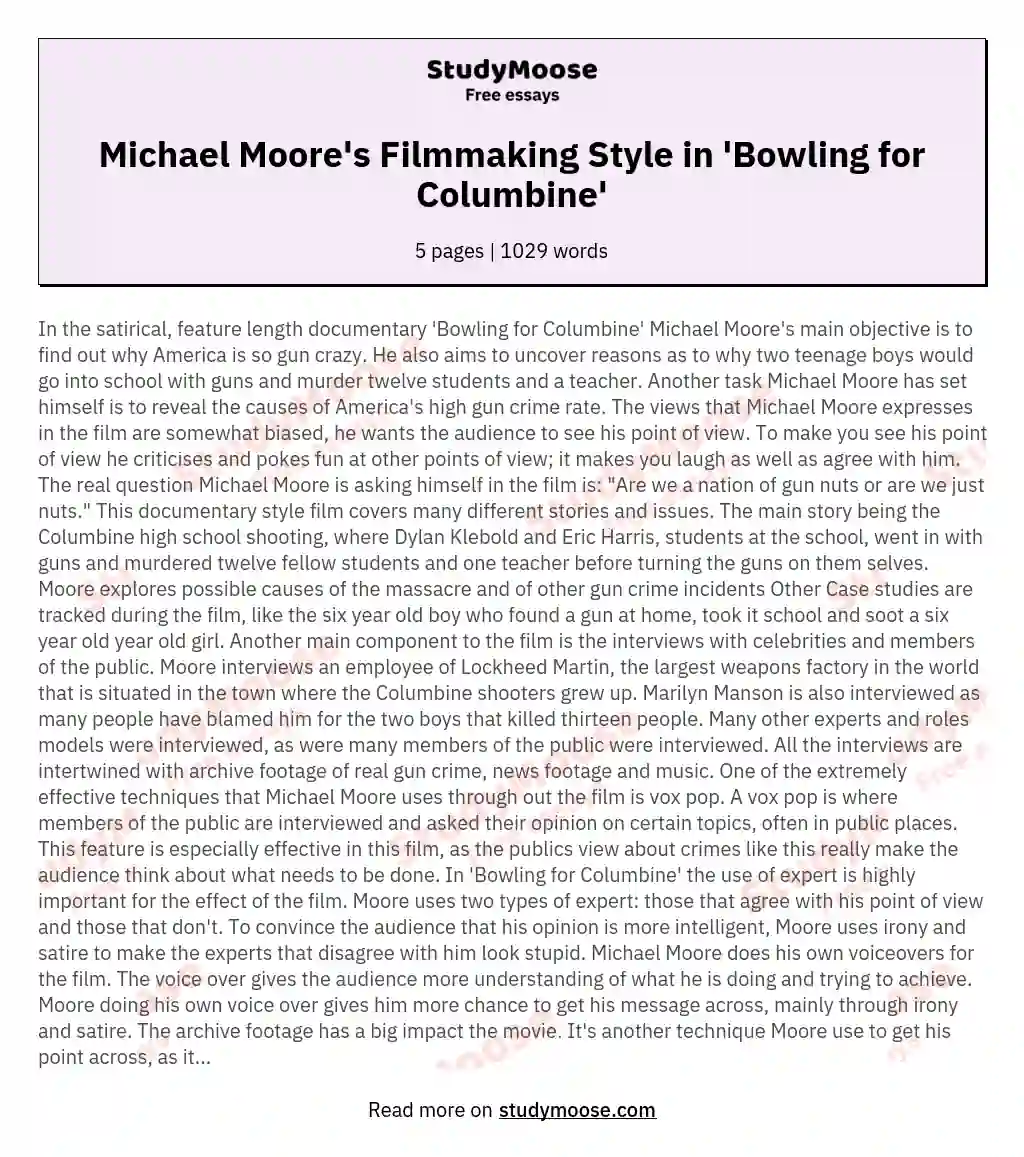 Michael Moore's Filmmaking Style in 'Bowling for Columbine' essay