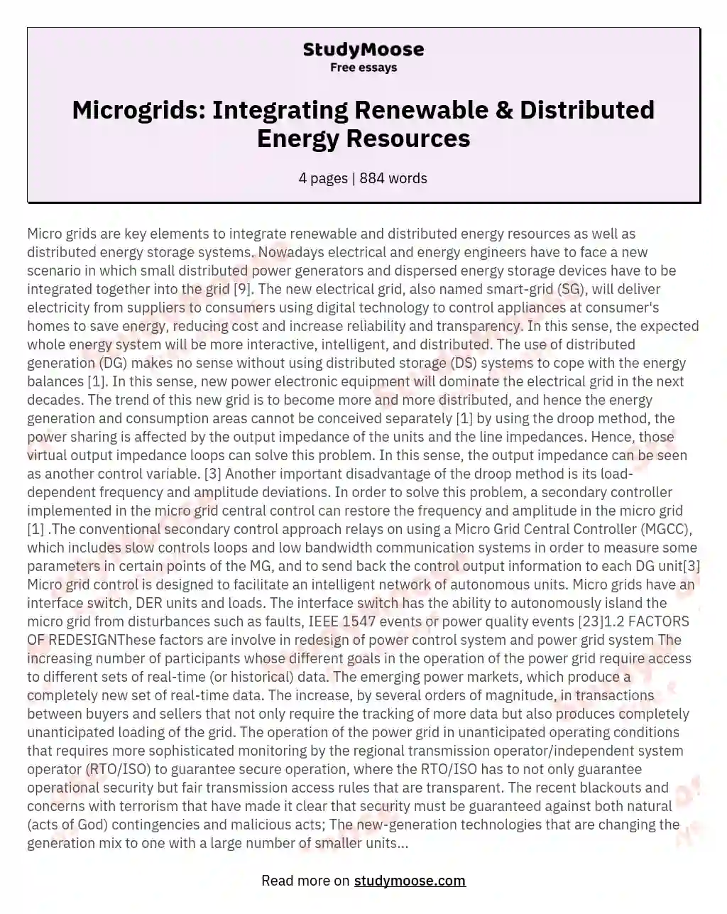 Microgrids: Integrating Renewable & Distributed Energy Resources essay