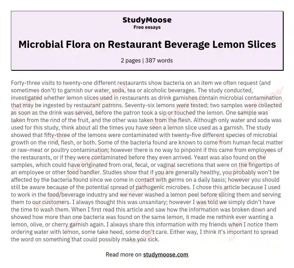 Microbial Flora on Restaurant Beverage Lemon Slices essay