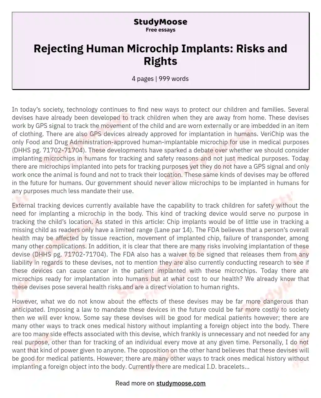 Rejecting Human Microchip Implants: Risks and Rights essay