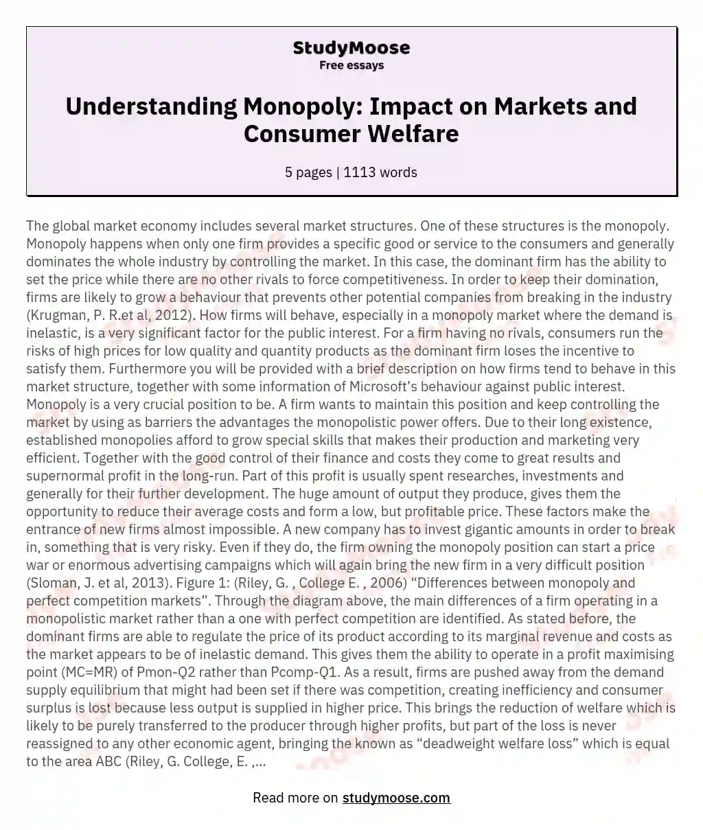 Understanding Monopoly: Impact on Markets and Consumer Welfare essay