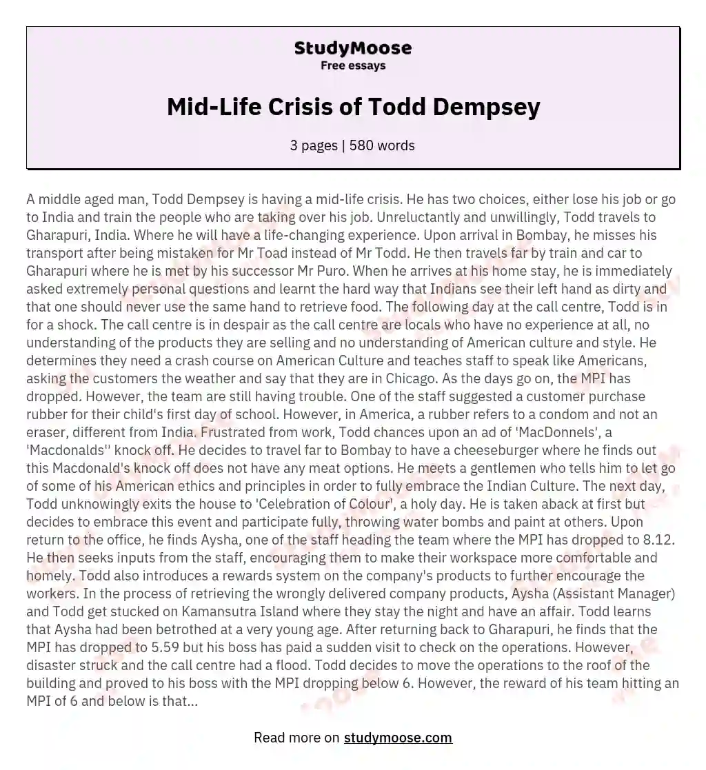 Mid-Life Crisis of Todd Dempsey essay