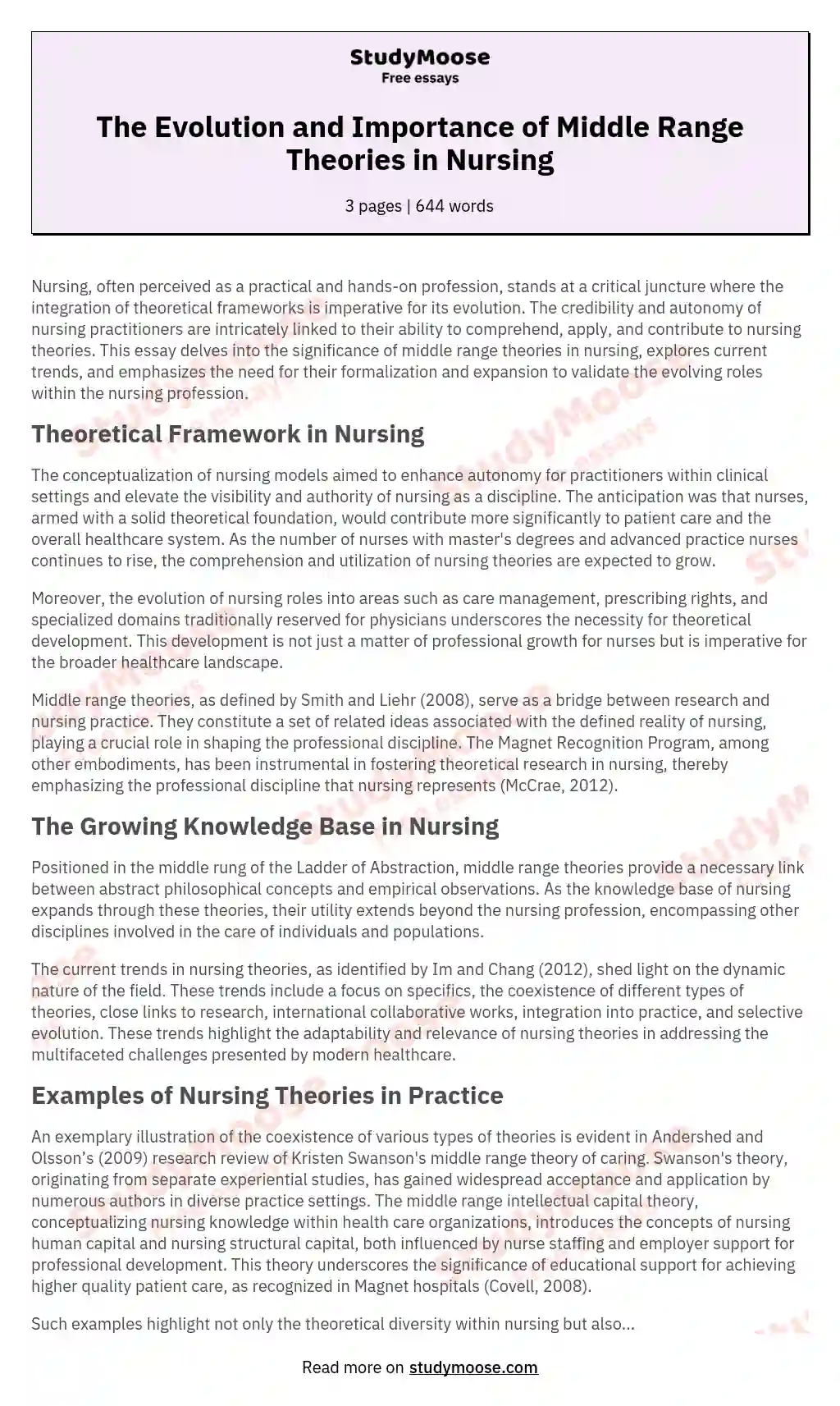 The Evolution and Importance of Middle Range Theories in Nursing essay