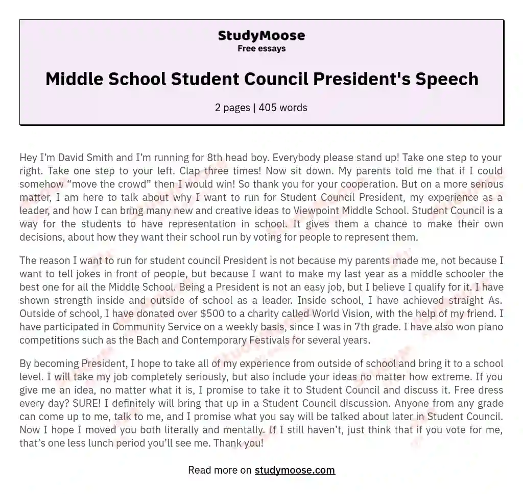 Middle School Student Council President's Speech