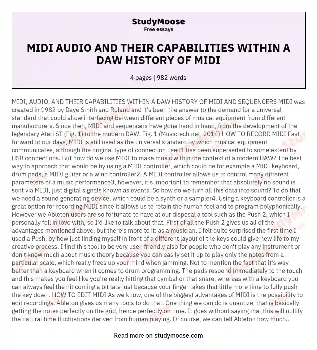 MIDI AUDIO AND THEIR CAPABILITIES WITHIN A DAW HISTORY OF MIDI essay