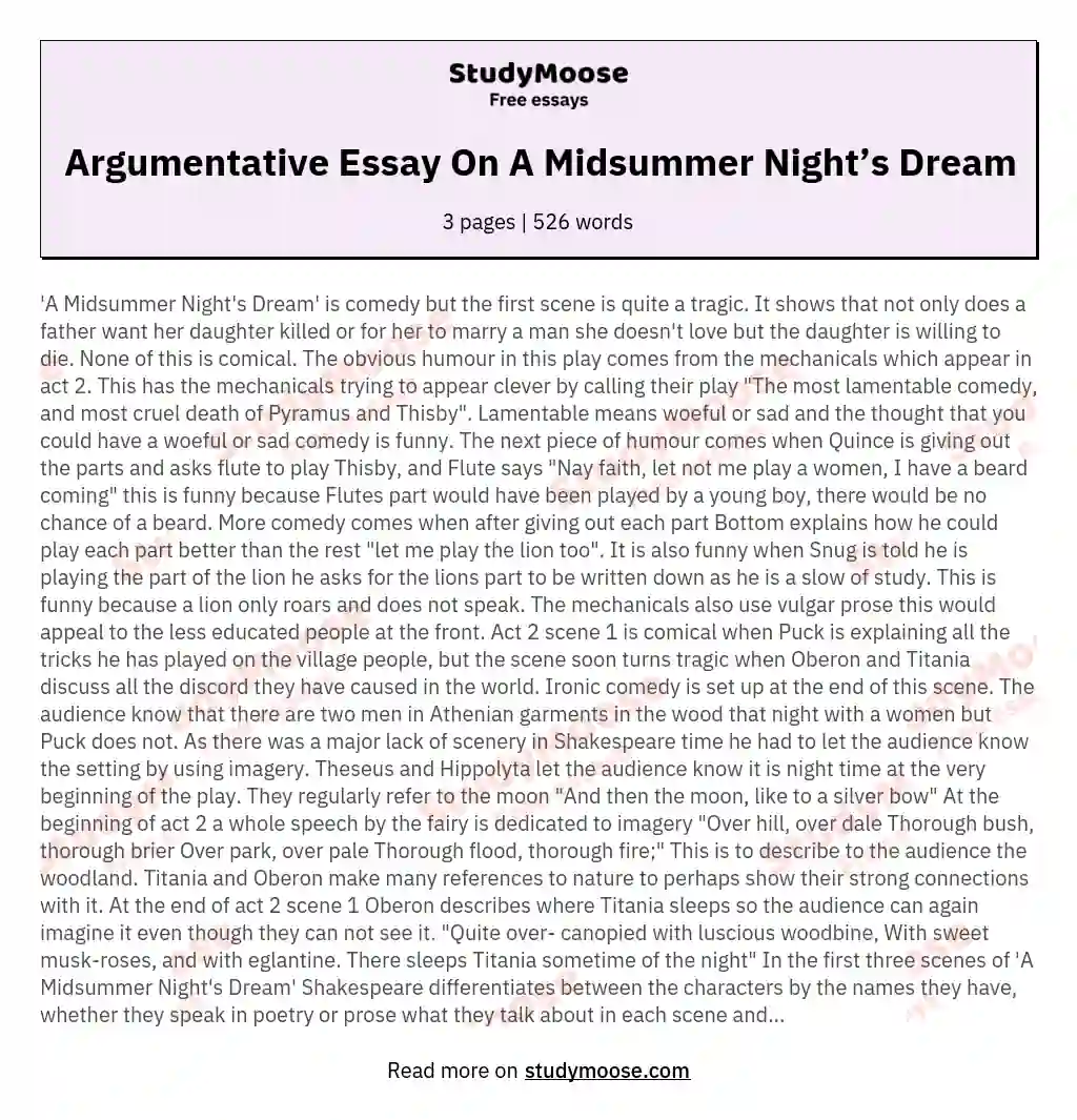Argumentative Essay On A Midsummer Night’s Dream