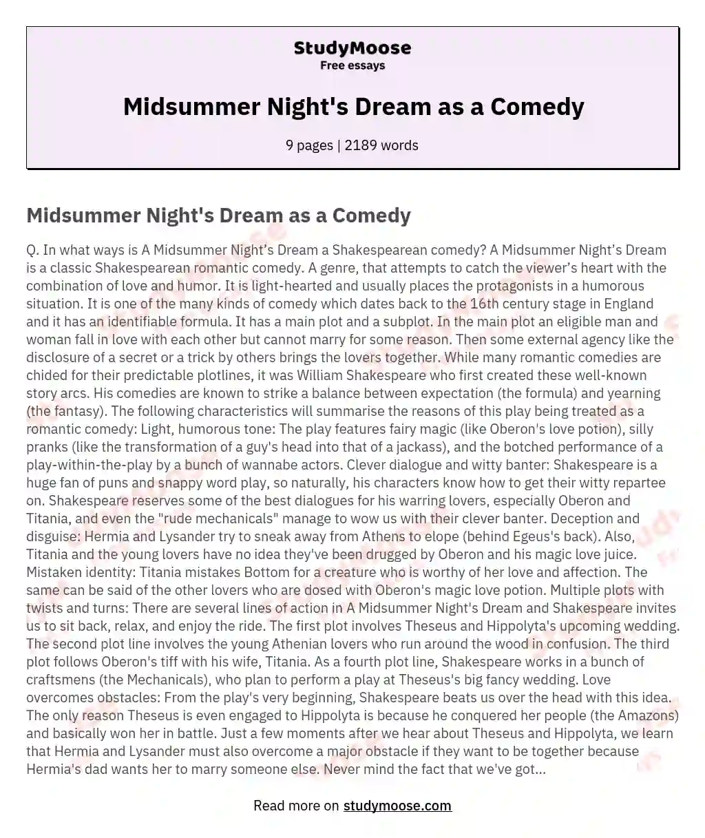 Midsummer Night's Dream as a Comedy essay