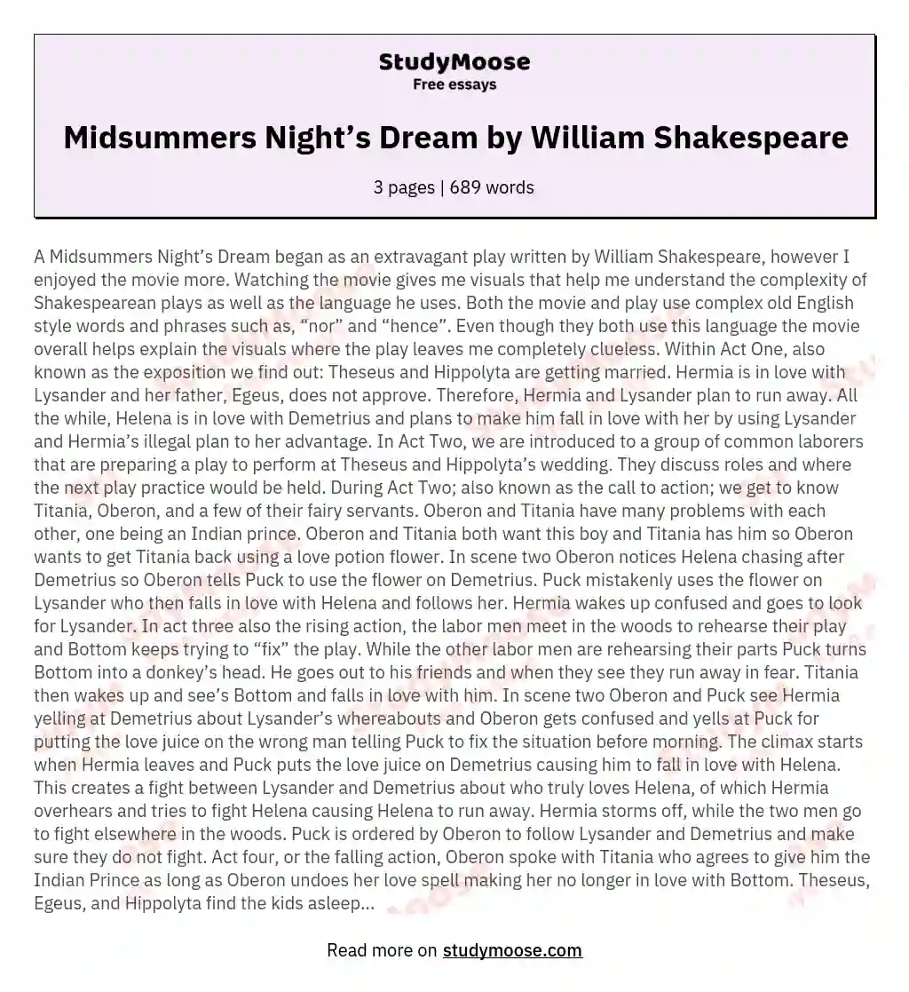 Midsummers Night’s Dream by William Shakespeare essay