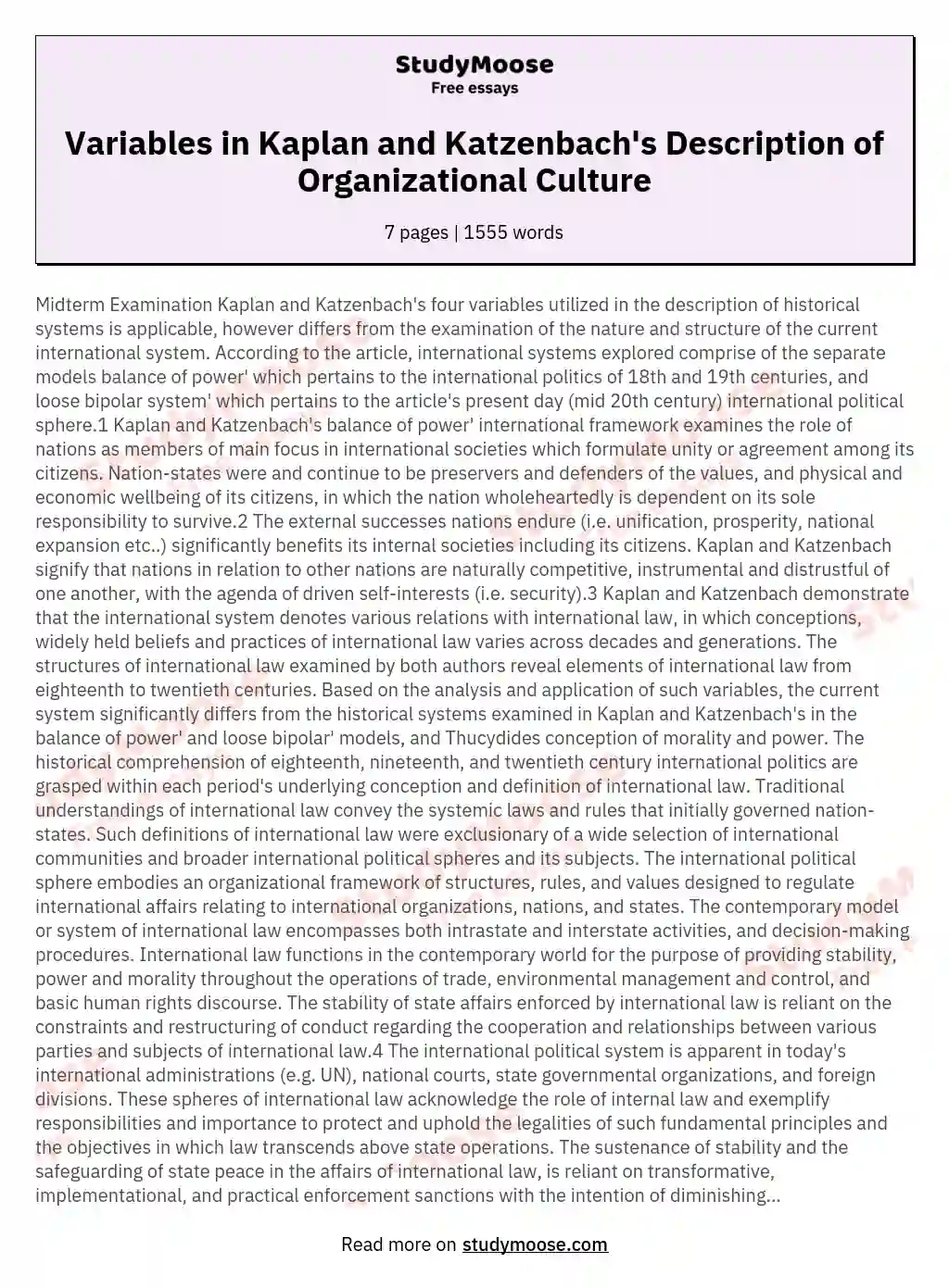 Variables in Kaplan and Katzenbach's Description of Organizational Culture essay