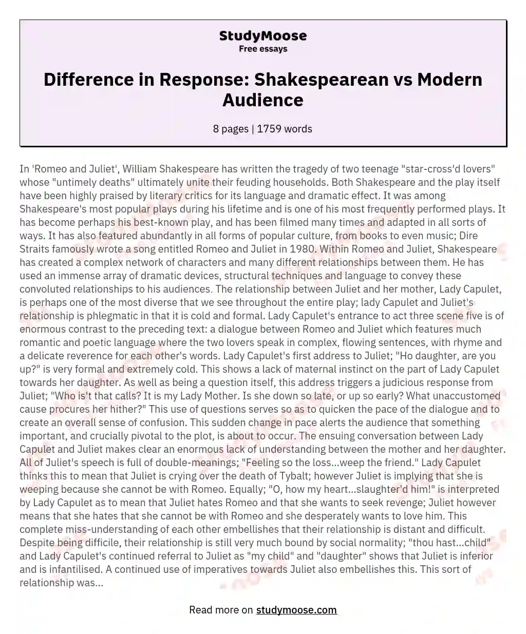 Difference in Response: Shakespearean vs Modern Audience essay