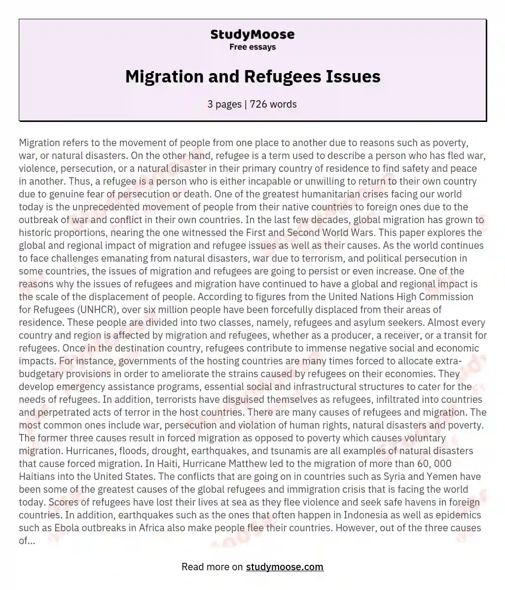 Migration and Refugees Issues essay