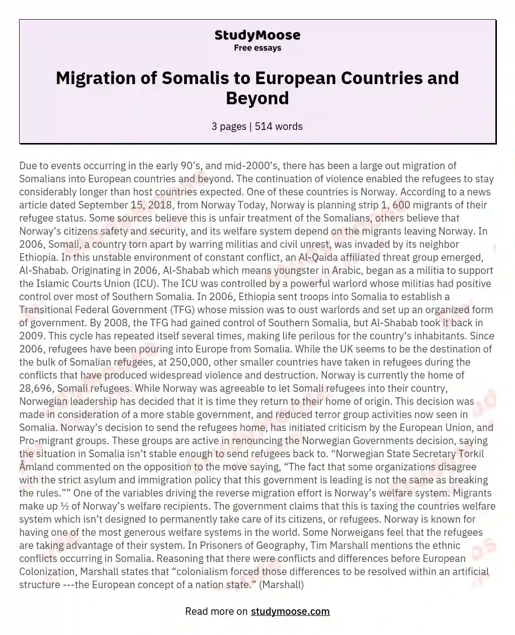 Migration of Somalis to European Countries and Beyond essay