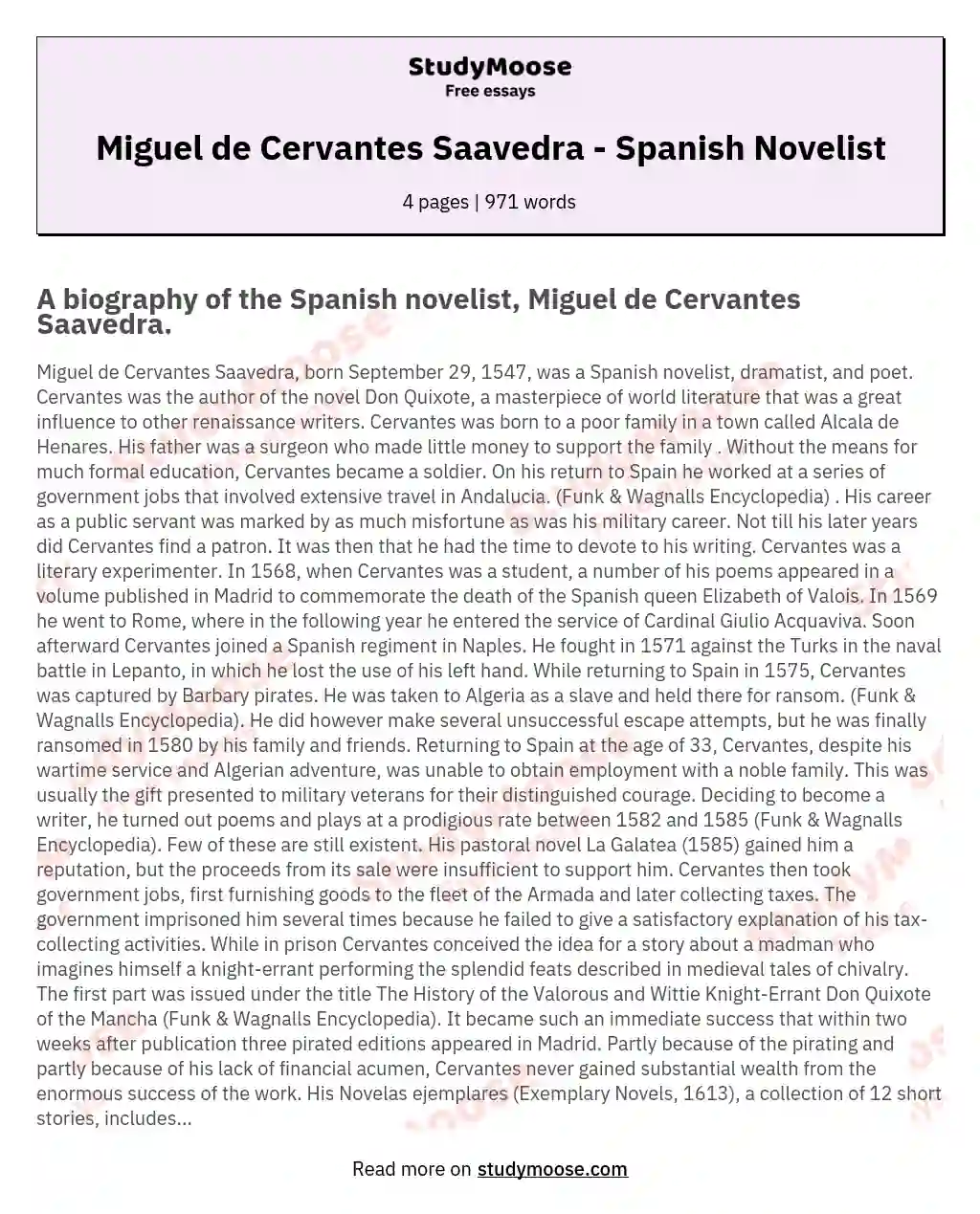 Miguel de Cervantes Saavedra - Spanish Novelist essay