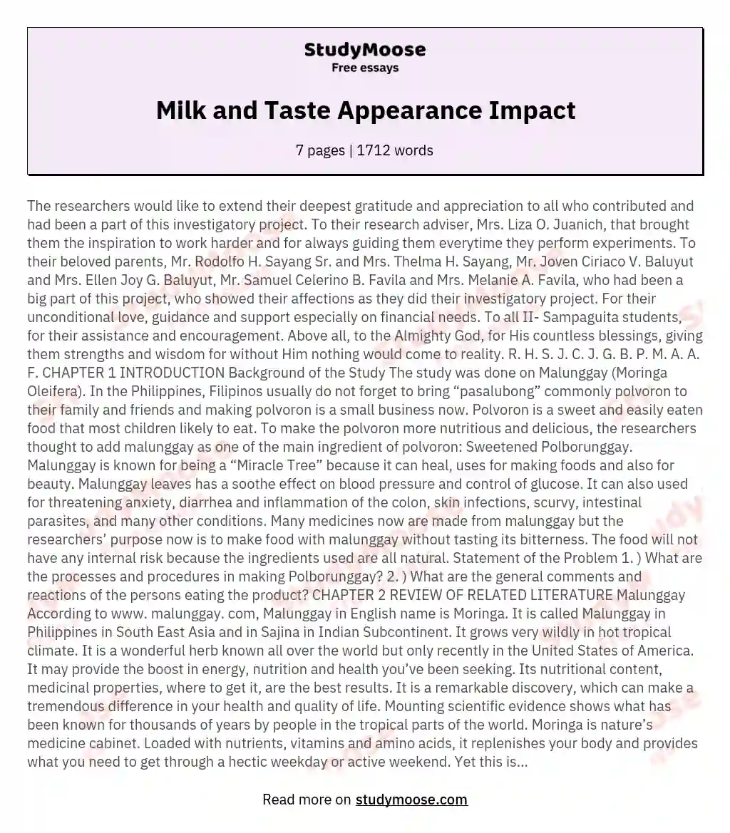 Milk and Taste Appearance Impact essay
