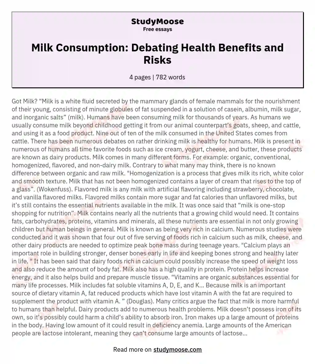 Milk Consumption: Debating Health Benefits and Risks essay